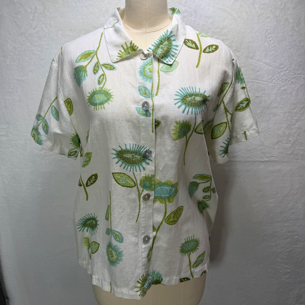 VTG Hot Cotton White Linen Blend Floral Short Sleeve Button Down Camp Shirt